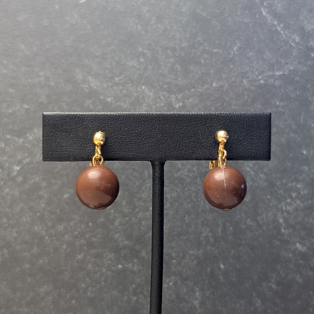 Vintage Clip On Earrings - Retro Glam - Gold Tone with Brown Ball Drop Dangle
